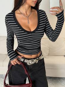 SHEIN PETITE Autumn Fashionable Striped Deep V-Neck Slim Fit Long Sleeve T-Shirt
