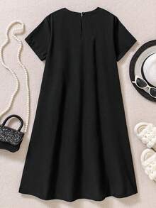 SHEIN Tween Girls Casual Minimalist Round Neck Short Sleeve Bow & Leopard Print Patchwork Long Comfortable Dress - Black - View 2