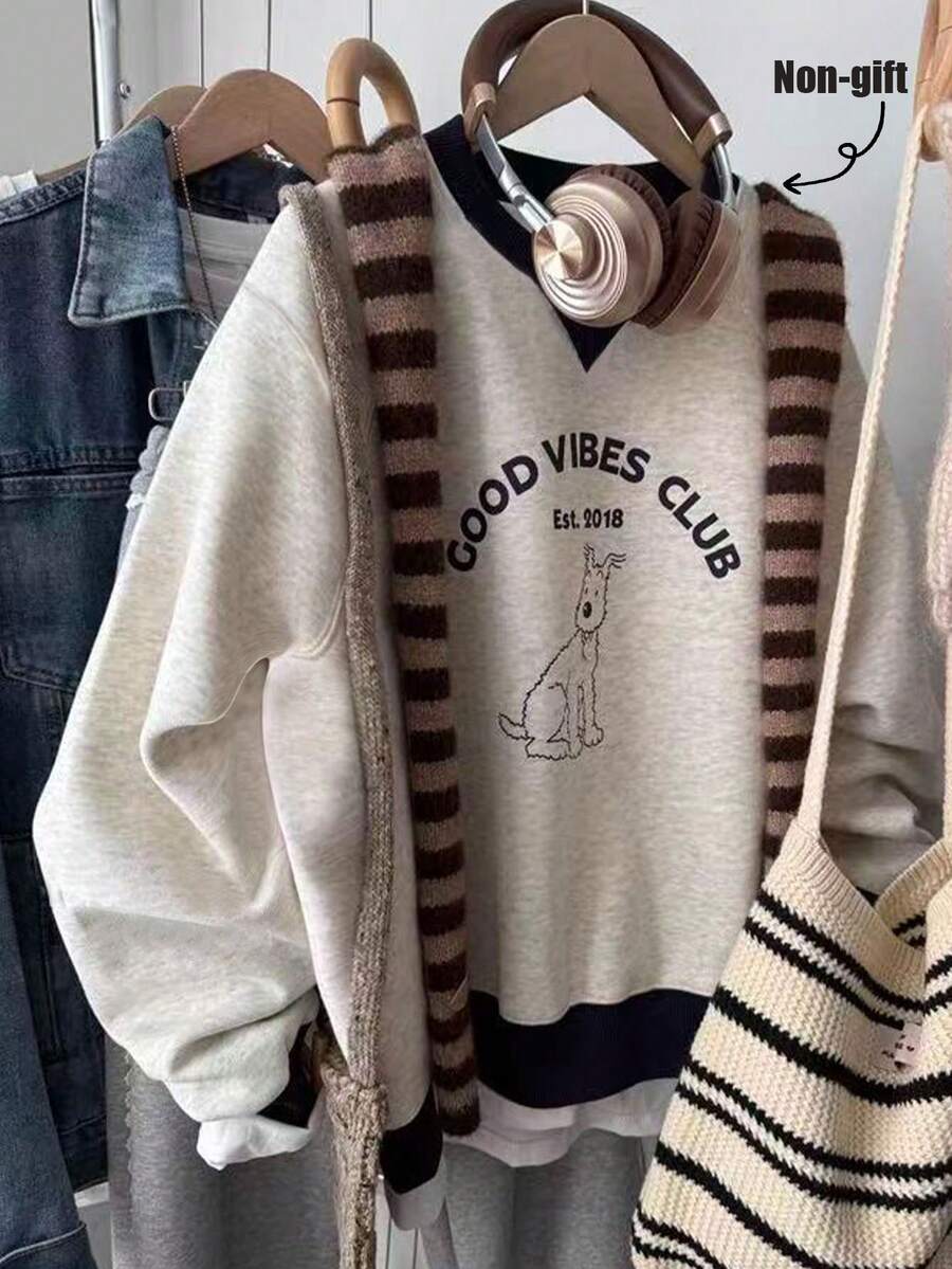 Resyla 可爱小狗图案宽松圆领长袖运动衫，适合毕业、返校和日常穿着 - 彩色 - 查看 1