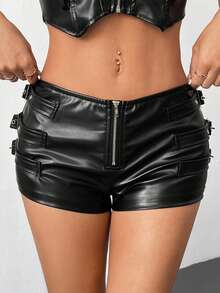 SHEIN PETITE Quần short ngắn siêu ngắn trang trí họa tiết PU bó sát cạp thấp Y2k cho lễ hội Rave - màu đen - Xem 4