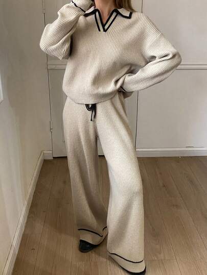 DAZY 女士休闲撞色针织毛衣和裤子两件套，秋冬