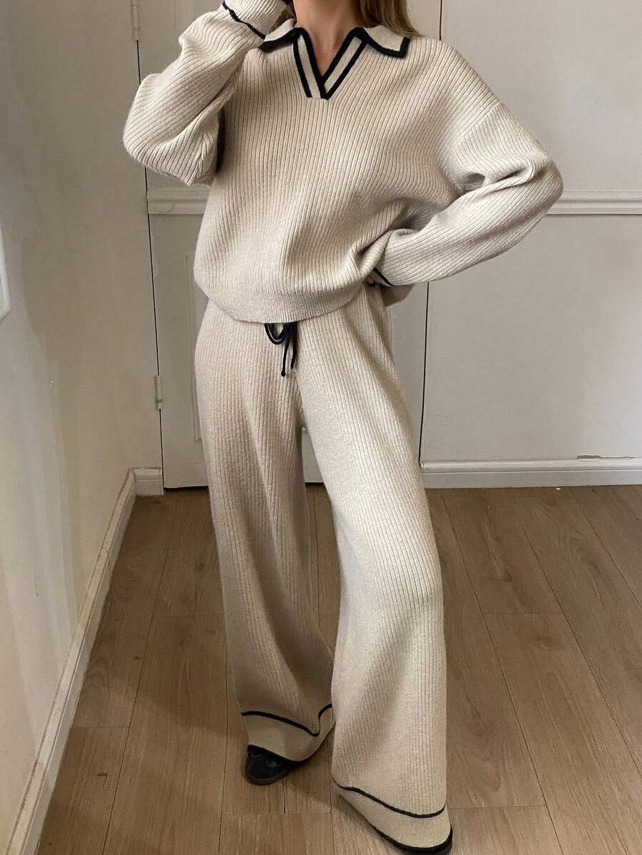 DAZY 女士休闲撞色针织毛衣和裤子两件套，秋冬 - 卡其色 - 查看 1