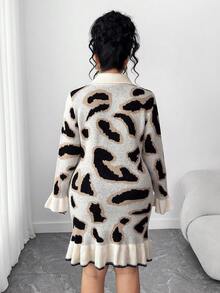 Elenzga Robe longue à manches longues ajustée avec col à volants imprimé léopard, élégante et confortable, grande taille - Multicolore - Voir 2