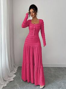 Selianne Conjunto de 2 piezas de mujer con blusa de manga larga de cuello cuadrado con botones y falda larga de línea A en tela texturizada rosa, estilo casual de vacaciones, otoño - Rosa Fucsia - Ver 4