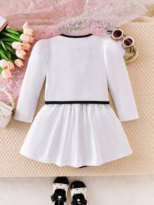 SHEIN Elladie kids 两件套少女时尚白色纽扣黑色长袖假口袋外套，搭配舒适的秋冬两合一半裙套装 - 白色 - 查看 2