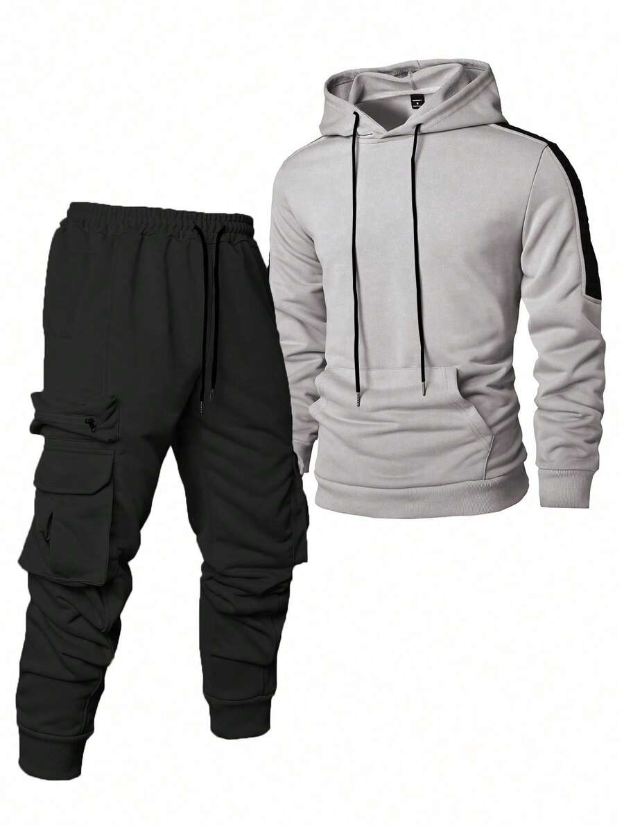 Manfinity Homme 男士撞色拼接连帽长袖卫衣和工装裤套装（2件套） 男士休闲套装 - 淺灰色 - 查看 1
