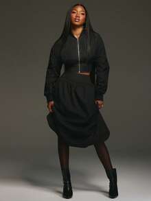 NYA SZN Jacket Long Sleeve Loose Baggy Ruche Bomber Jacket Fitted Cinch Hemline Streetwear Cool Girl Everyday Casual Office Fall Winter Statement Valentines Day Carnival Outfits For Women - Black - View 3