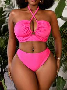 Slaydiva Holiday Beach Neon Color Plus Size 3 PiecesSwimsuit Set - Hot Pink - View 3