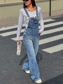 Rivivi 女士秋季休闲百搭喇叭形牛仔背带裤，带口袋，牛仔背带裤，牛仔连体裤，女士背带裤，牛仔连体裤，牛仔连身裤
