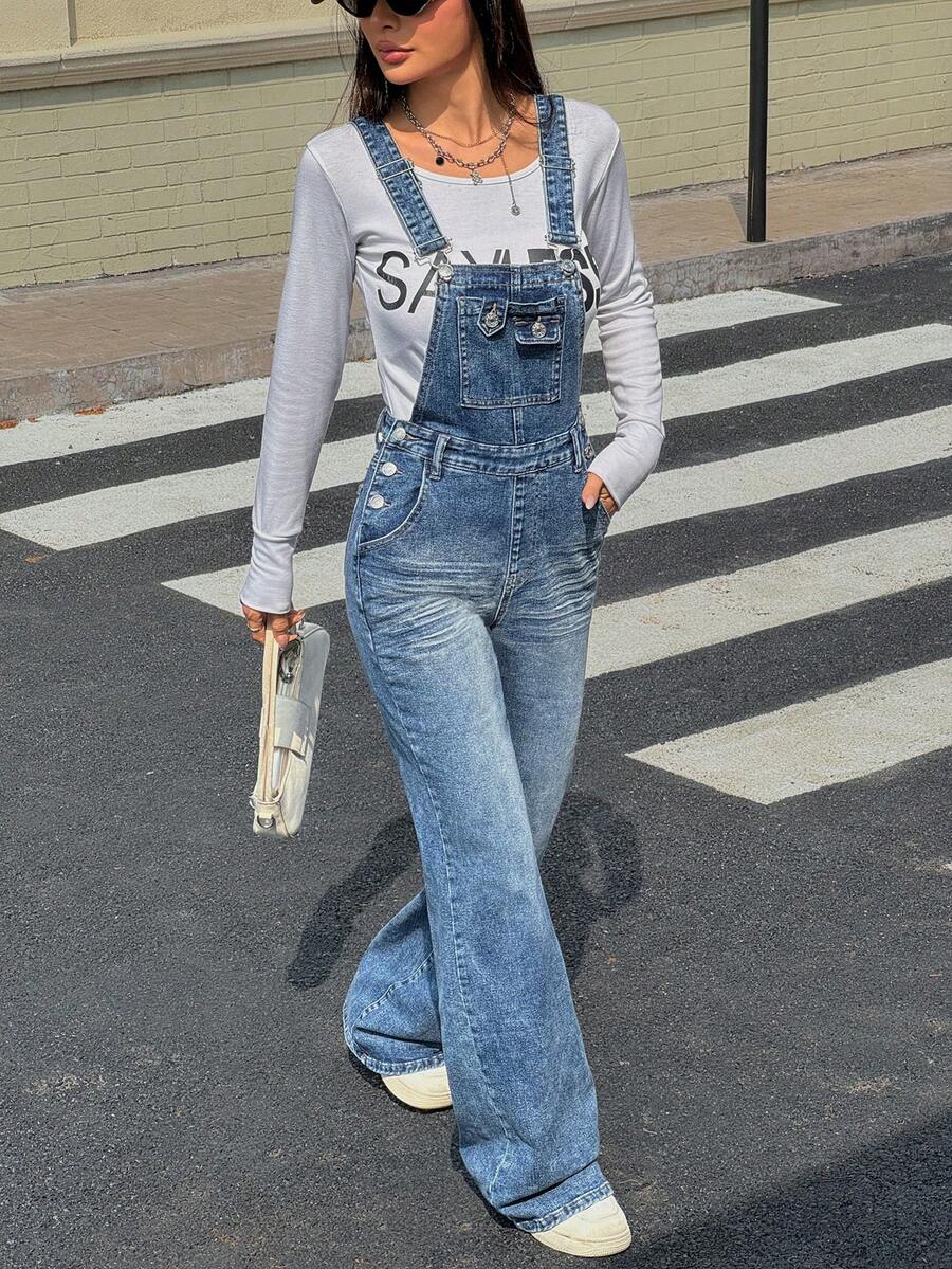 Rivivi 女士秋季休闲百搭喇叭形牛仔背带裤，带口袋，牛仔背带裤，牛仔连体裤，女士背带裤，牛仔连体裤，牛仔连身裤
