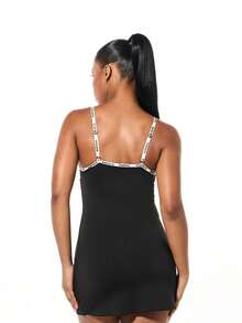 SUMWON WOMEN Branded Elastic Cami Bodycon Mini Dress With Cross Front Detail - Black - View 2