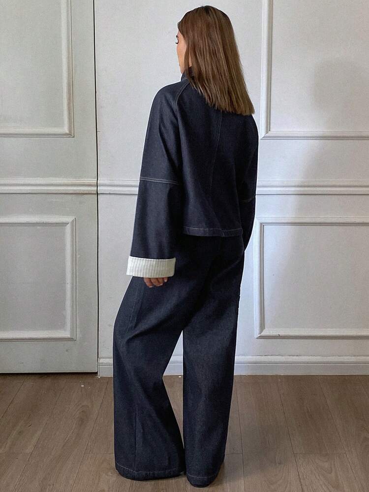 Women's Thickened Western Cowboy Loose Long Sleeve Shacket With Patchwork Cuffs And Straight Leg Pants Casual Street Autumn/Winter Suit Thermal Lined