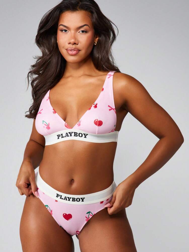 Missguided x Playboy Cherry Print Bra And Panty Set With Bow Pattern