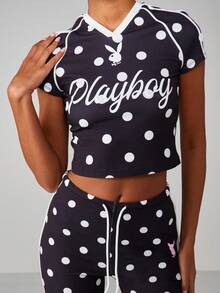 Missguided x Playboy Áo bóng đá chấm bi tay ngắn crop top cổ chữ V và số thể thao - Đen và trắng - Xem 1