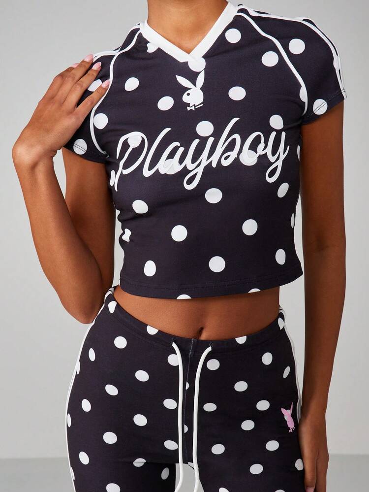 Missguided x Playboy Áo bóng đá chấm bi tay ngắn crop top cổ chữ V và số thể thao - Đen và trắng - Xem 1