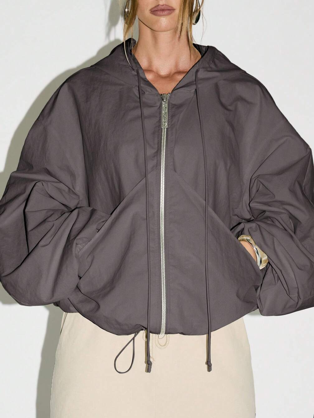 KIZN Oversized Hooded Tech Jacket With Full Zip Closure And