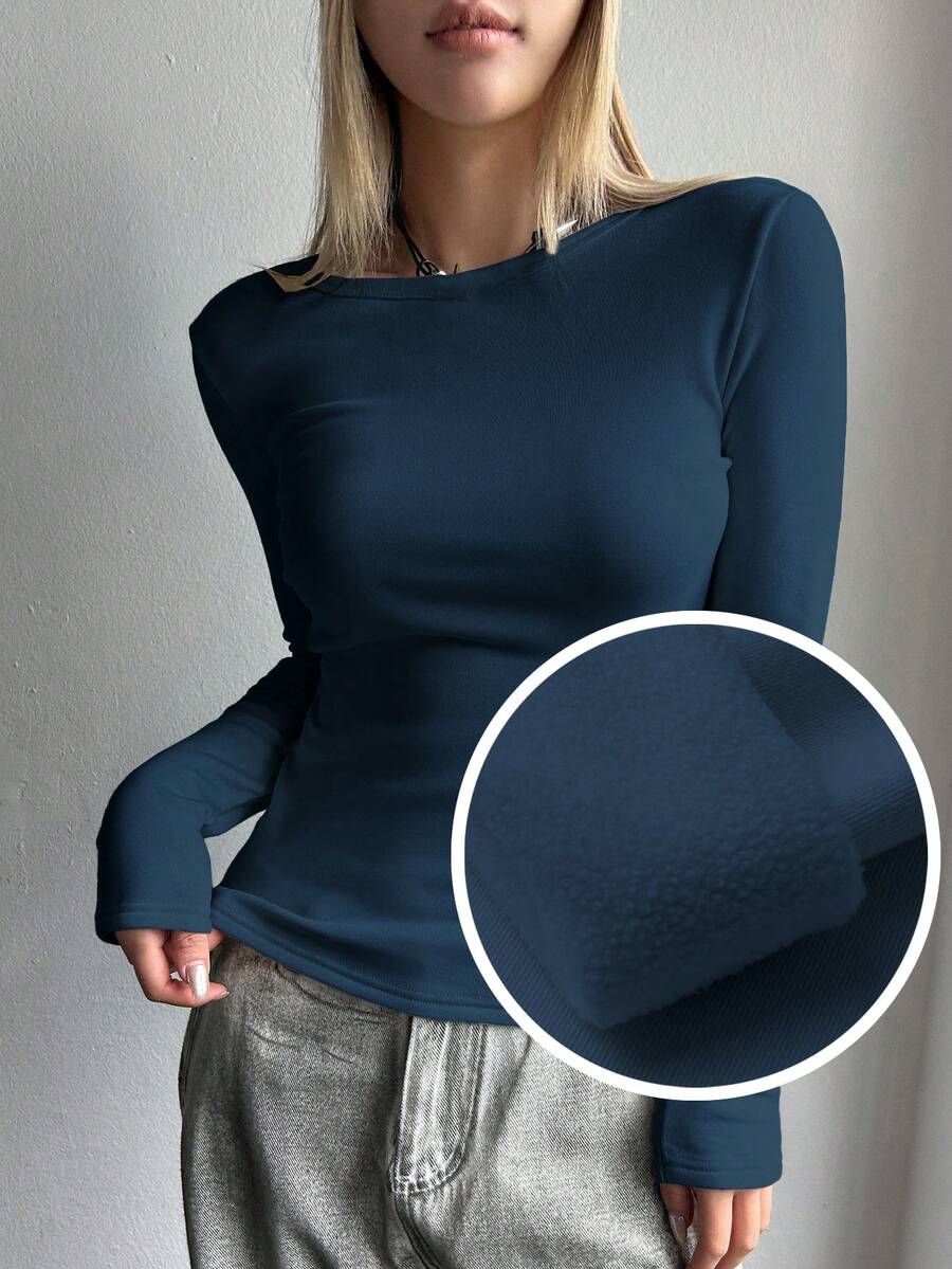 FRIFUL Women's Casual Solid Color Fleece T-Shirt, Versatile For Autumn/Winter Long Sleeve Women - Navy Blue - View 1