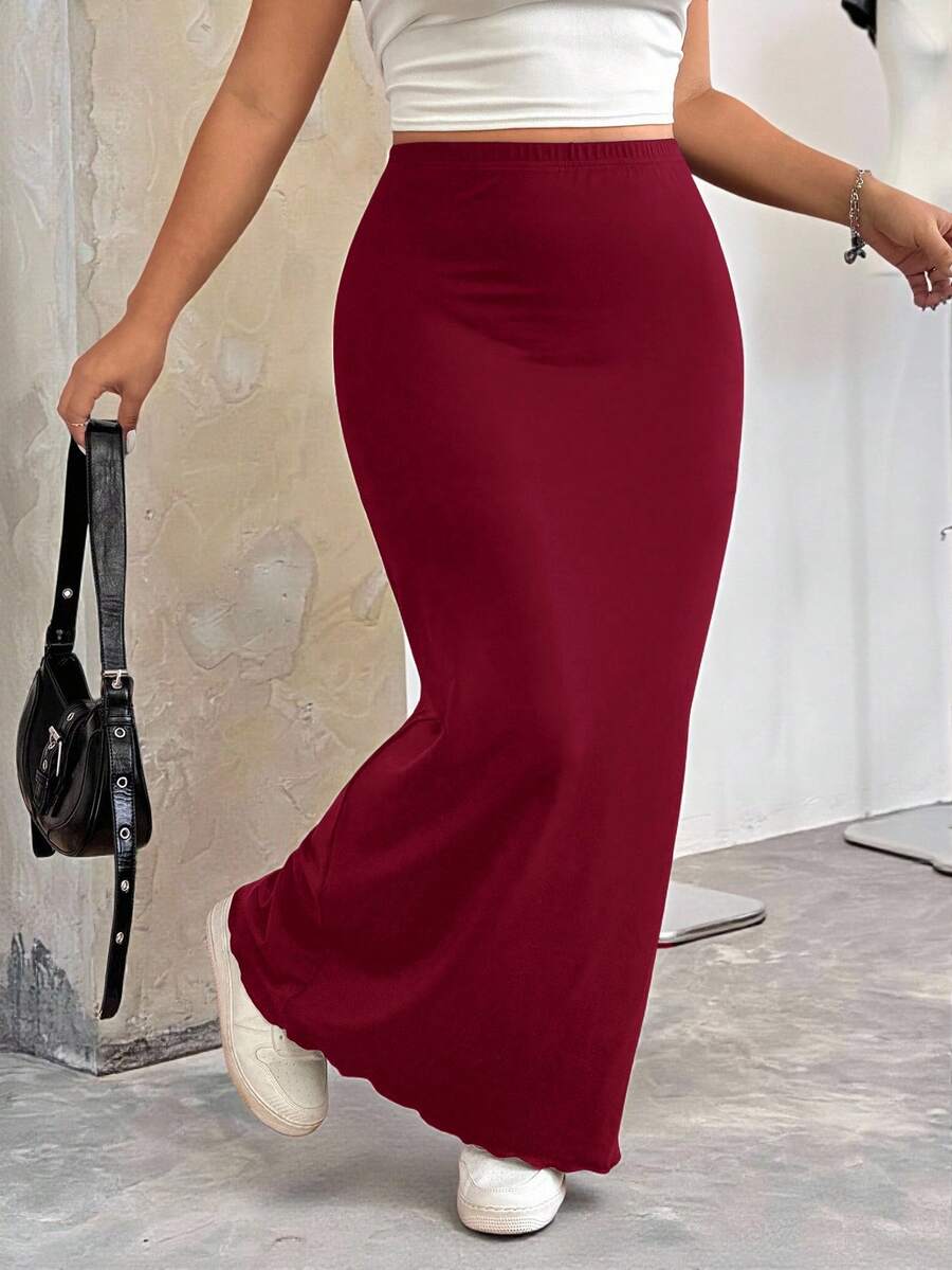 SHEIN EZwear 圣诞酒红色长款紧身大码半身裙 - 酒紅色 - 查看 1