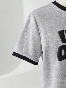 ESTAVOR 男士休闲撞色饰边标语印花短袖 T 恤，夏季 - 灰色 - 查看 5