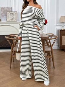 EMERY ROSE 女士条纹不对称肩长袖上衣和阔腿裤休闲宽松两件套 - 杏色 - 查看 6