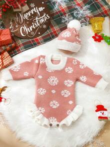 SHEIN 2Pcs Set Knitted Newborn Girl Romper With Matching Pom Hat Baby Girl Photography Outfits 1 Month 100 Days Baby Photo Shooting Props - Multicolor - View 6