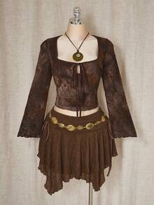 SHEIN ICON 大码女式波西米亚风格棕色纹理针织不对称迷你裙 - 棕色 - 查看 8