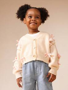 SUMWON Young Girl Cropped Button Front Cardigan With Bow Decorations For Fall Winter Casual School - Apricot - View 5