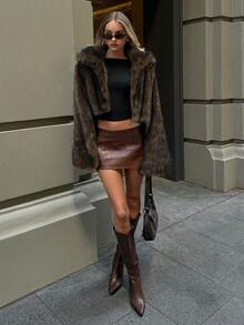 Aloruh Women's Retro Faux Fur Collar Open Front Plush Winter Coat, Fashion Outerwear,Women's Winter Clothes - Brown - View 5