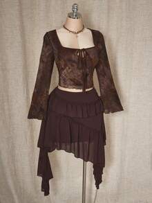 SHEIN ICON 女式秋冬碎花植绒烂花镂空系带领绿色衬衫 - 彩色 - 查看 4