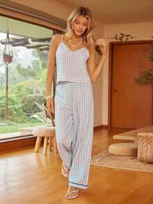 V-Neck Plaid Camisole And Pants Pajama Set - Multicolor - View 3