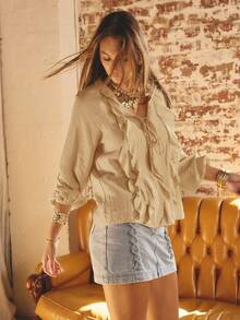 Aralina Ruffled V-Neck Long Sleeve Front Tie Blouse - Khaki - View 6