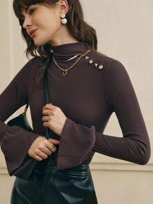 INAWLY Áo len dệt kim tay dài màu trơn cổ đứng cài nút cổ điển tay loe - màu nâu - Xem 6