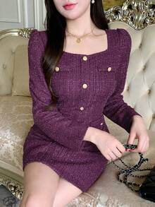 DAZY 女式优雅方领纹理纽扣装饰迷你连衣裙，秋季 - 紫色 - 查看 4