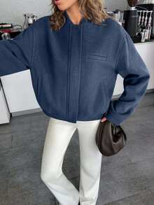 EURMUSE Women's Cropped Bomber Jacket With Elastic Hem And Minimalist Design, Stylish And Versatile Outerwea - Blue - View 4