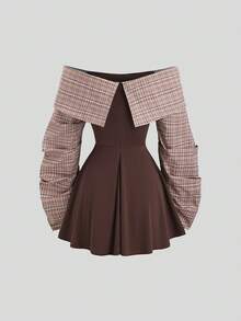 Sweetra Women's Autumn/Winter Collegiate Style Minimalist Sexy Off Shoulder High-End Contrast Color Design Waist-Cinching Short Mini Brown Dress