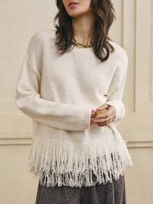 Cévolie Pull casual à franges pour femmes, couleur unie, polyvalent pour l'automne/l'hiver - Nude - Voir 3