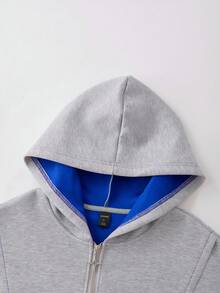 ROMWE MEN Casual Áo nỉ nam dài tay có mũ, phối màu tương phản, kiểu dáng đường phố cổ điển, khóa kéo. - Màu xanh lam - Xem 2
