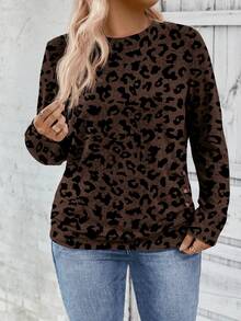 EMERY ROSE New Arrival Plus Size Women Round Neck Layered Design Long Sleeve T-Shirt - Brown - View 6