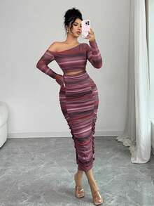 Rafferiza Women's Striped Asymmetric-Shoulder Long Sleeve Cropped Top And Pleated Midi Skirt Fitted 2 Pieces Set Elegant Midi Dress Sexy Curve Dress Slay Diva Dress - Multicolor - View 8