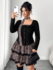 Elenzga Plus Size Women's Elegant Black Slim Fit Tie-Dye T-Shirt & Leopard Print Ruffle Hem Mini Skirt 2 Pieces Set,Autumn Festa Fashionable Casual Outfits - Multicolor - View 1