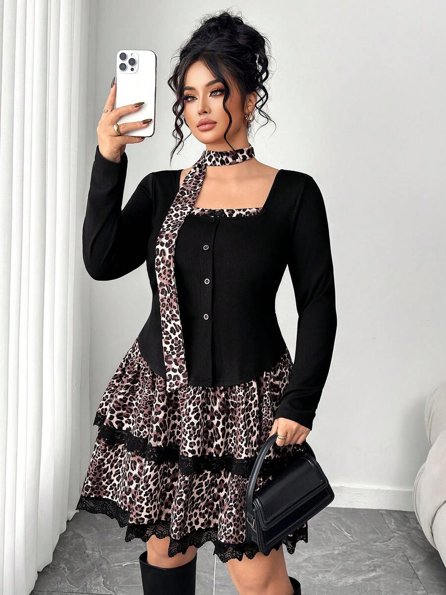 Elenzga Plus Size Women's Elegant Black Slim Fit Tie-Dye T-Shirt & Leopard Print Ruffle Hem Mini Skirt 2 Pieces Set,Autumn Festa Fashionable Casual Outfits - Multicolor - View 1