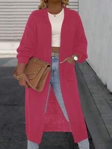 SHEIN LUNE 大码女式纯色落肩长袖休闲长款针织开衫，秋冬 - 玫紅色 - 查看 1