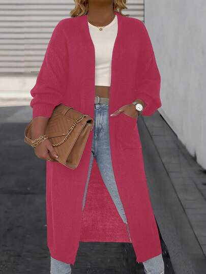 SHEIN LUNE Plus Size Women Solid Color Drop Shoulder Long Sleeve Casual Long Knitted Cardigan, Autumn/Winter