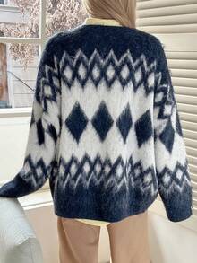 Livesso Autumn/Winter Collegiate Style Casual Business Loose Fit Geometric Pattern Thick Knit Cardigan For Women - Navy Blue - View 8