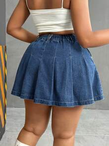 Slaydiva 大码休闲水洗褶皱牛仔裙 - 深色水洗藍 - 查看 2