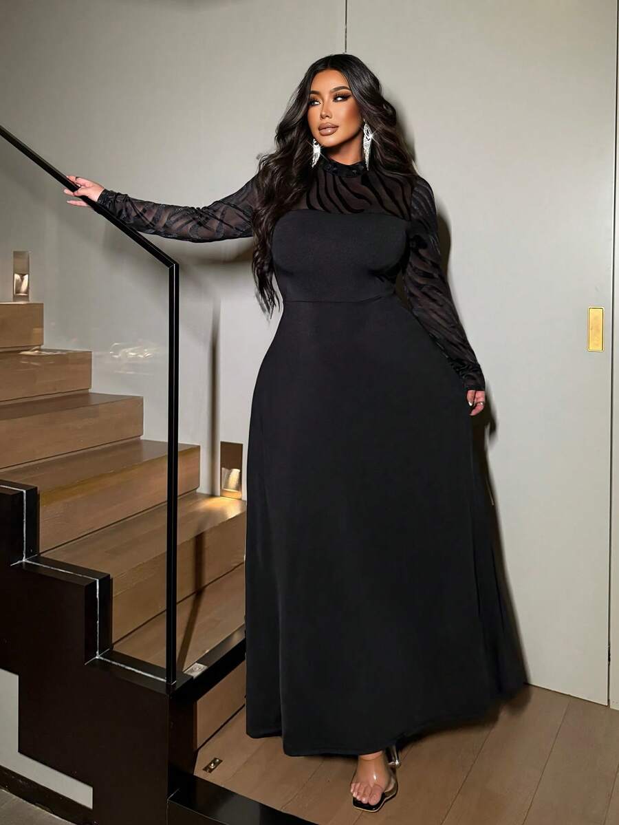 NU&NOW Váy dài tay cổ đứng, chất liệu vải thun dệt kim, chắp vá, tay dài, dáng rộng cho nữ, váy dự tiệc thanh lịch cho mùa thu/đông - màu đen - Xem 1
