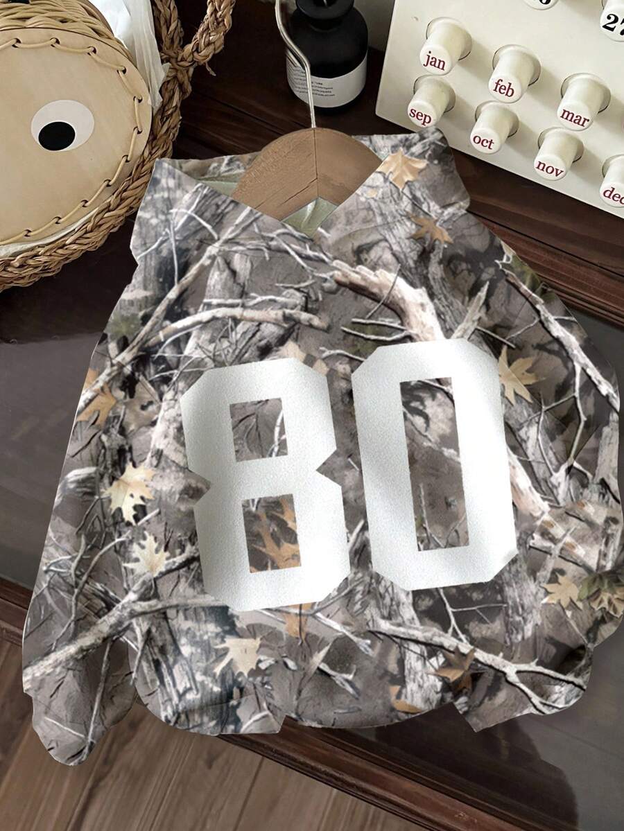 少女休闲宽松卫衣,印有数字 80、迷彩和枯叶图案,学院风,秋冬季穿着舒适,适合外出、街头风、居家穿着,波西米亚风 - 彩色 - 查看 1