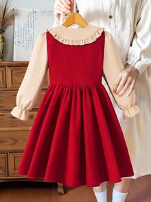 SHEIN Tween Girl Color Block Puff Shoulder Long Sleeve Peter Pan Collar Button Front Dress - Burgundy - View 2