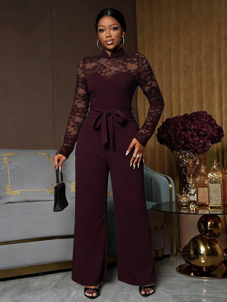 Lunelith SHEIN Lunessa Bộ đồ liền thân ren tương phản thanh lịch dành cho nữ - Màu Đỏ Sâu - Xem 1