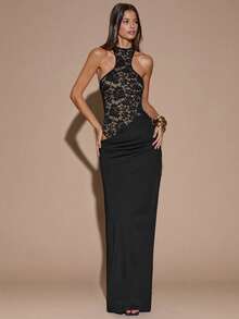 SHEIN BAE 1 件女式无袖不对称蕾丝紧身连衣裤，优雅的黑色长裙，适合圣诞节、万圣节、派对、正式场合、伴娘礼服、生日礼服，黄色缎面长裙，适合圣诞节、鸡尾酒会、商务休闲 - 黑色 - 查看 5